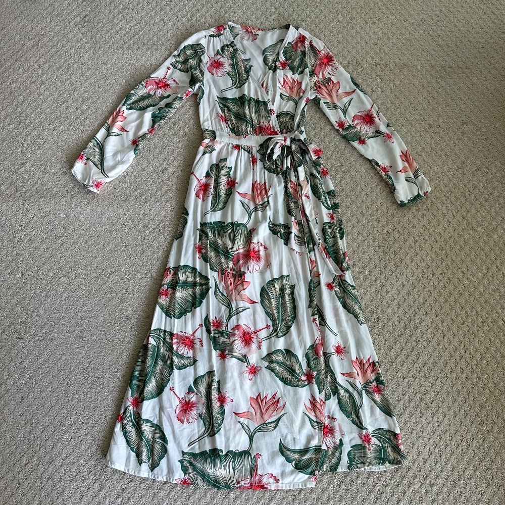 ROXY Taste of Tomorrow Long Sleeve Floral Maxi Wrap Dress Small Tropical Casual - Picture 4 of 16